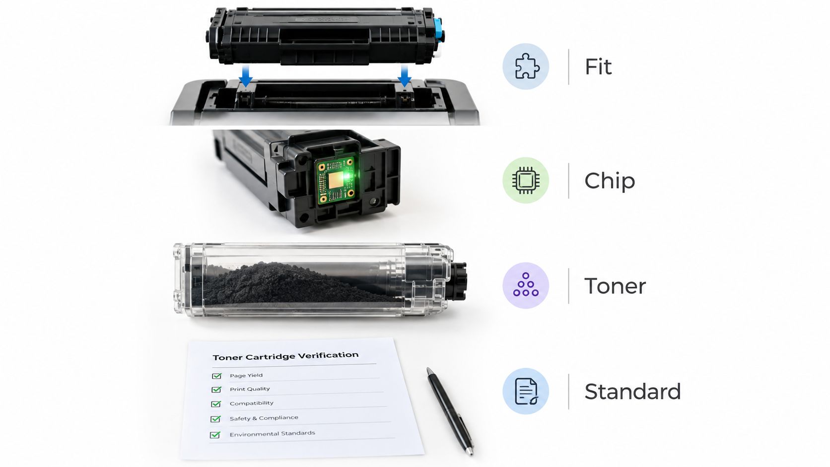 A graphic showing the key quality features of a printer toner cartridge including fit, chip, toner, and standards.