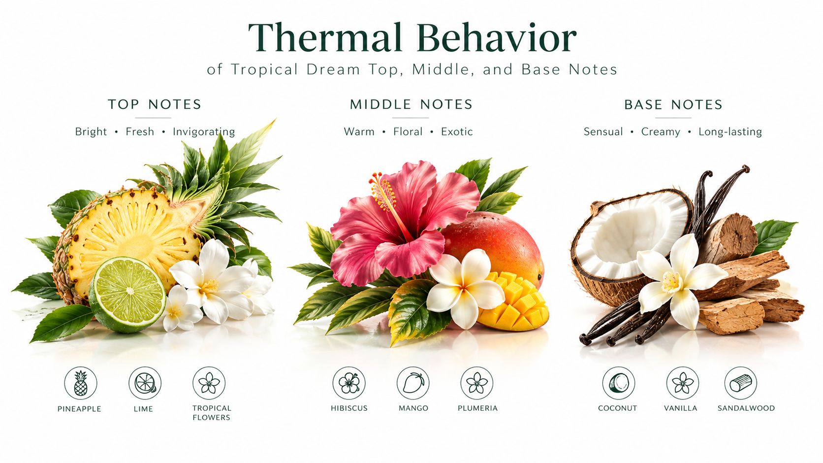 A diagram illustrating the top, middle, and base fragrance notes of the Tropical Dream scent with tropical ingredients.