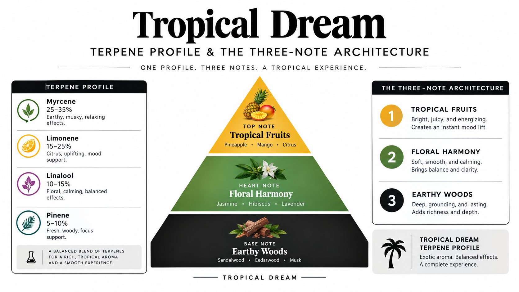 An infographic detailing the Tropical Dream terpene profile and its aromatic notes of fruits, flowers, and woods.