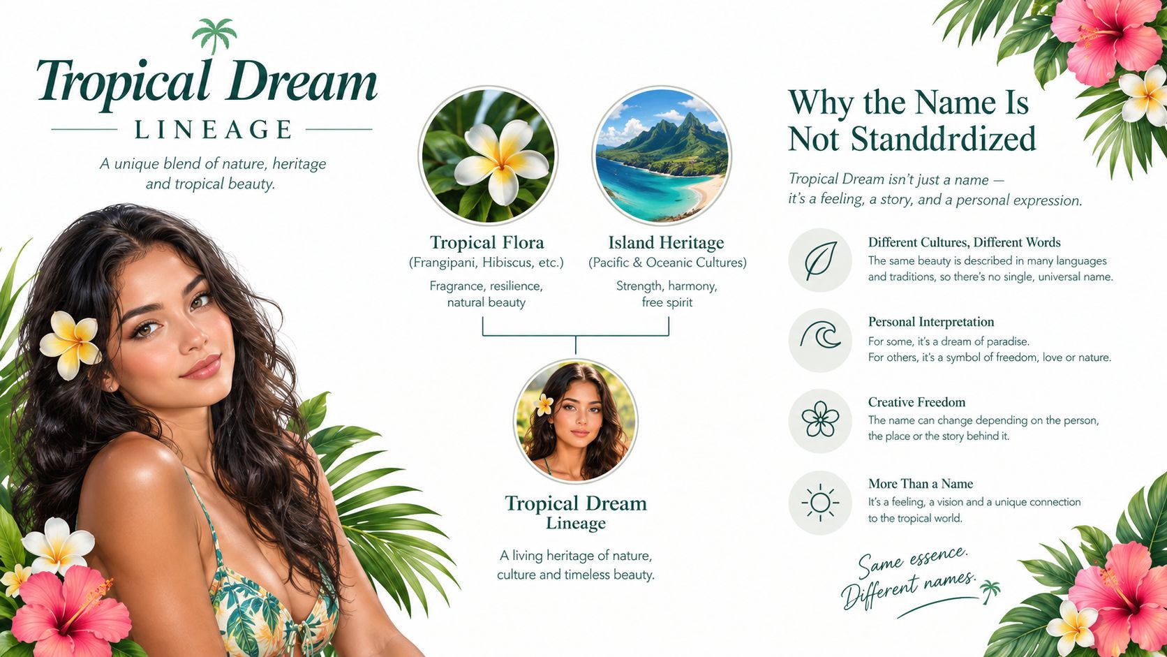 A conceptual infographic titled Tropical Dream Lineage featuring tropical flowers, ocean landscapes, and a portrait of a woman.