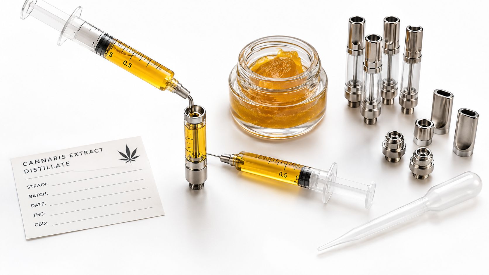 A glass jar of cannabis wax with syringes and empty vape cartridges on a white surface.