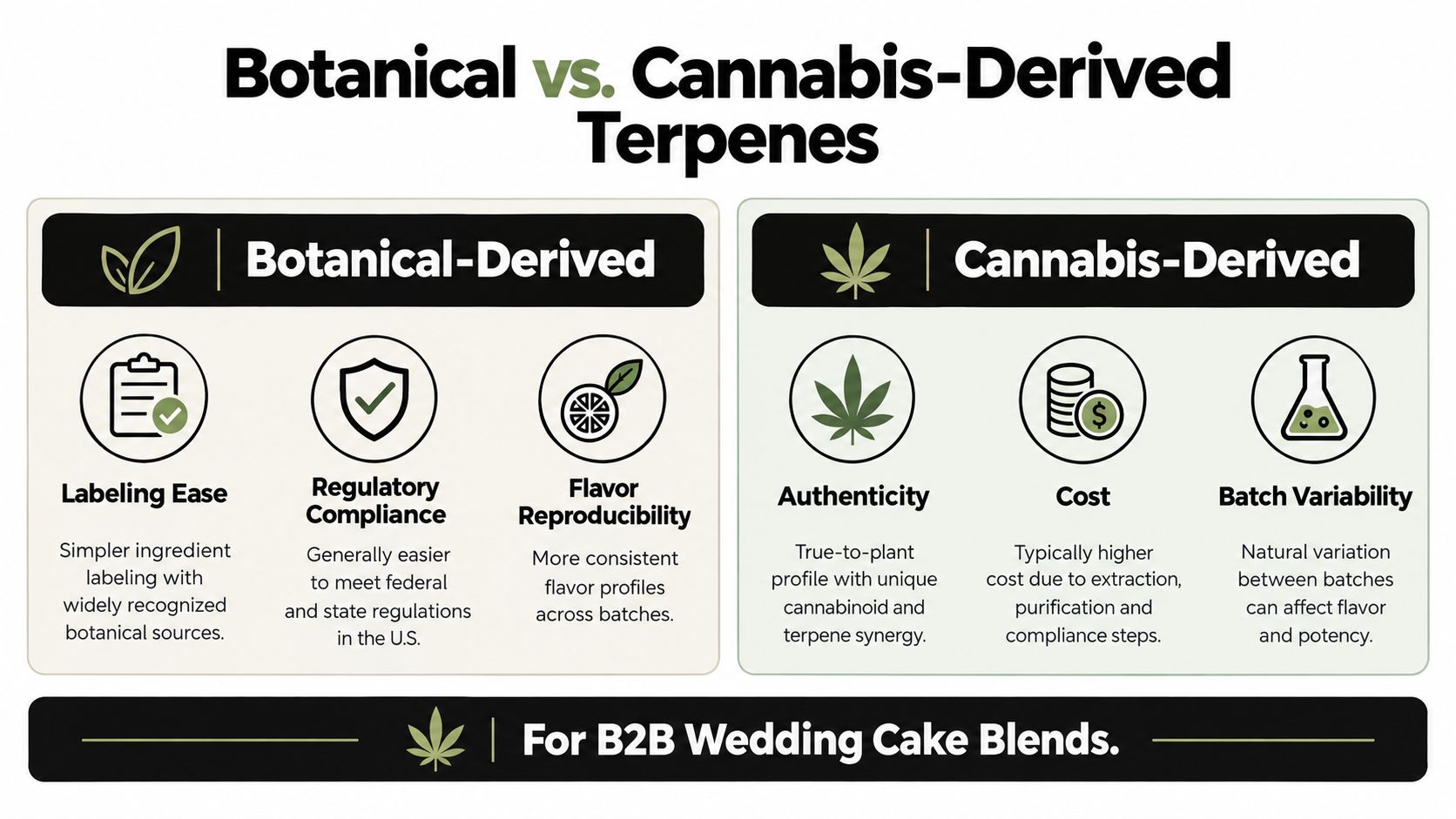 A comparison chart outlining the pros and cons of using botanical-derived versus cannabis-derived terpenes for products.
