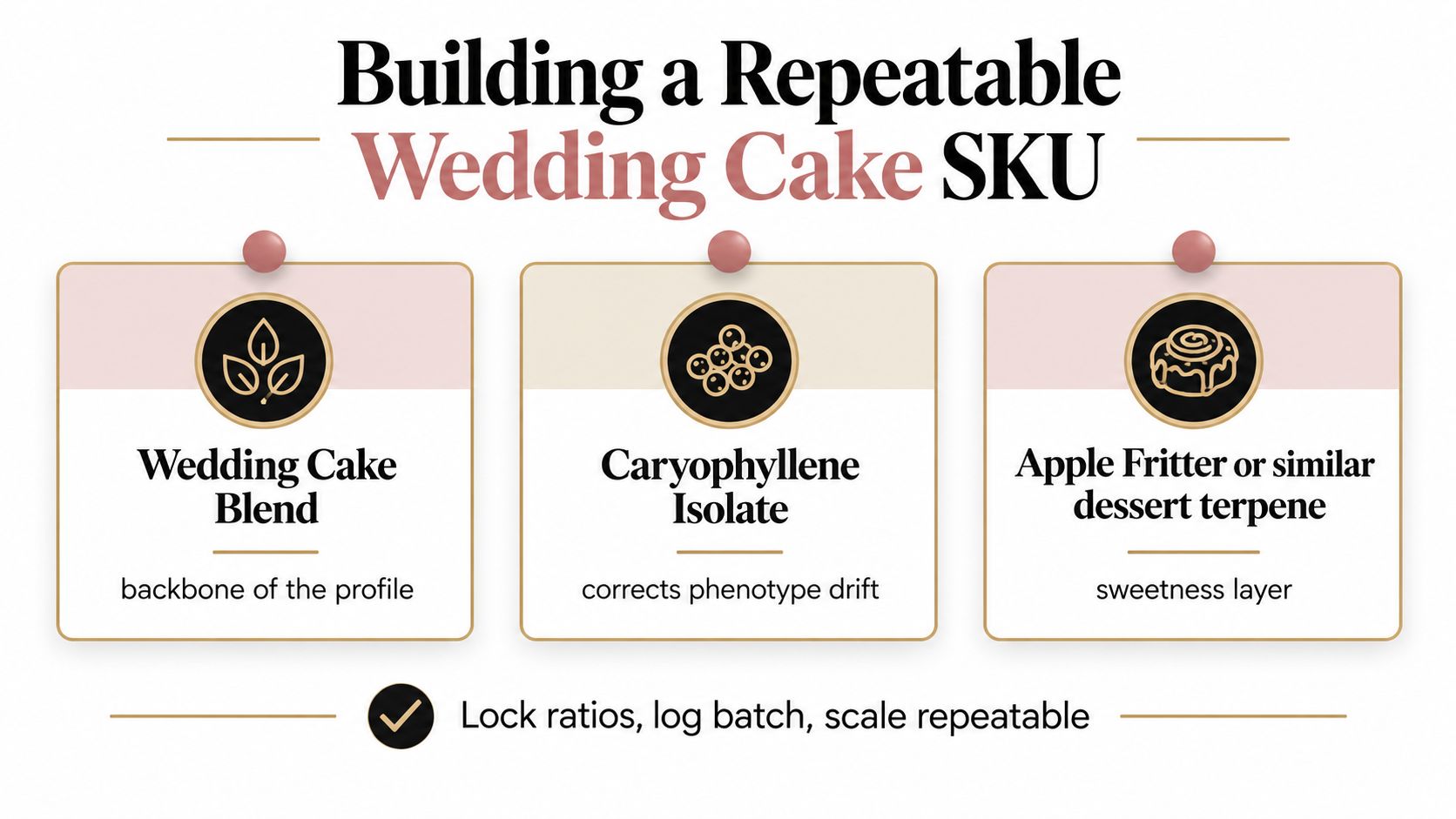 A graphic explaining how to create a consistent Wedding Cake strain terpene profile using specific additives.