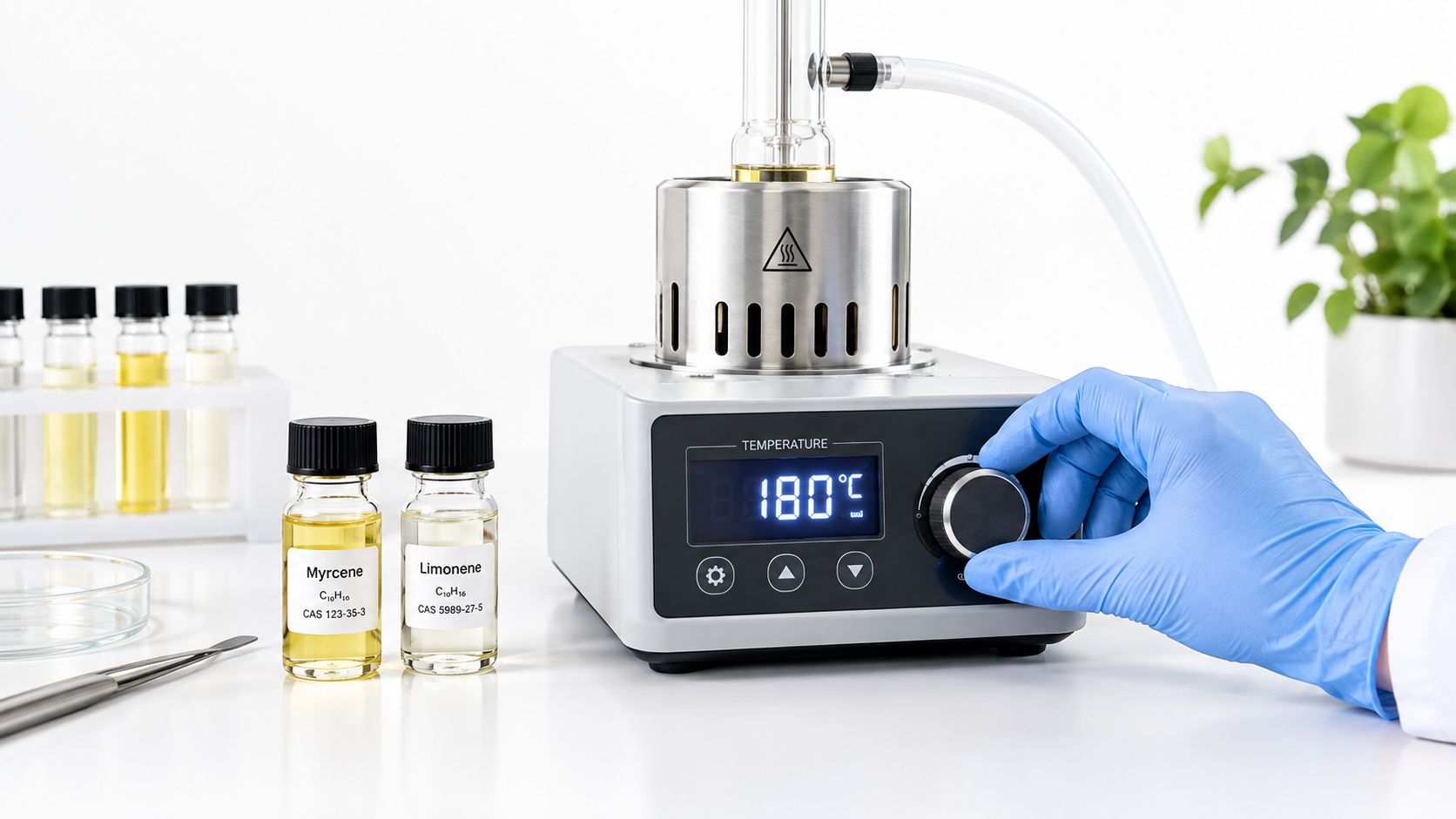 A gloved hand adjusts the temperature on a laboratory heating device next to bottles of terpenes.
