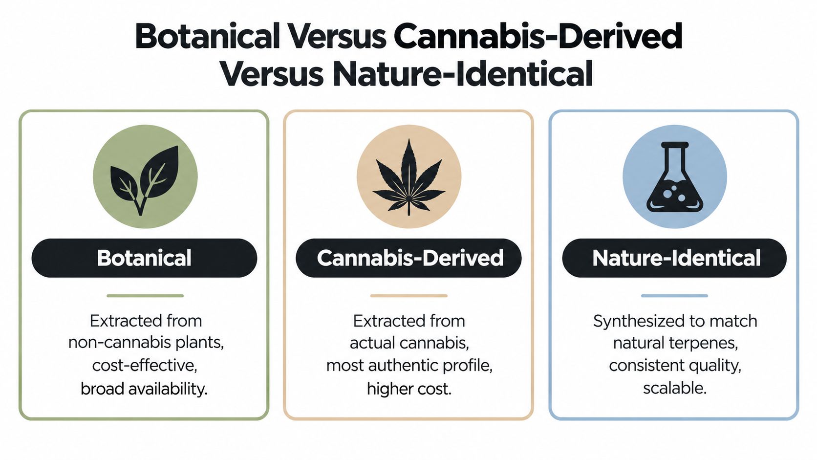 A comparison chart showing differences between botanical, cannabis-derived, and nature-identical terpene sources for flavor products.