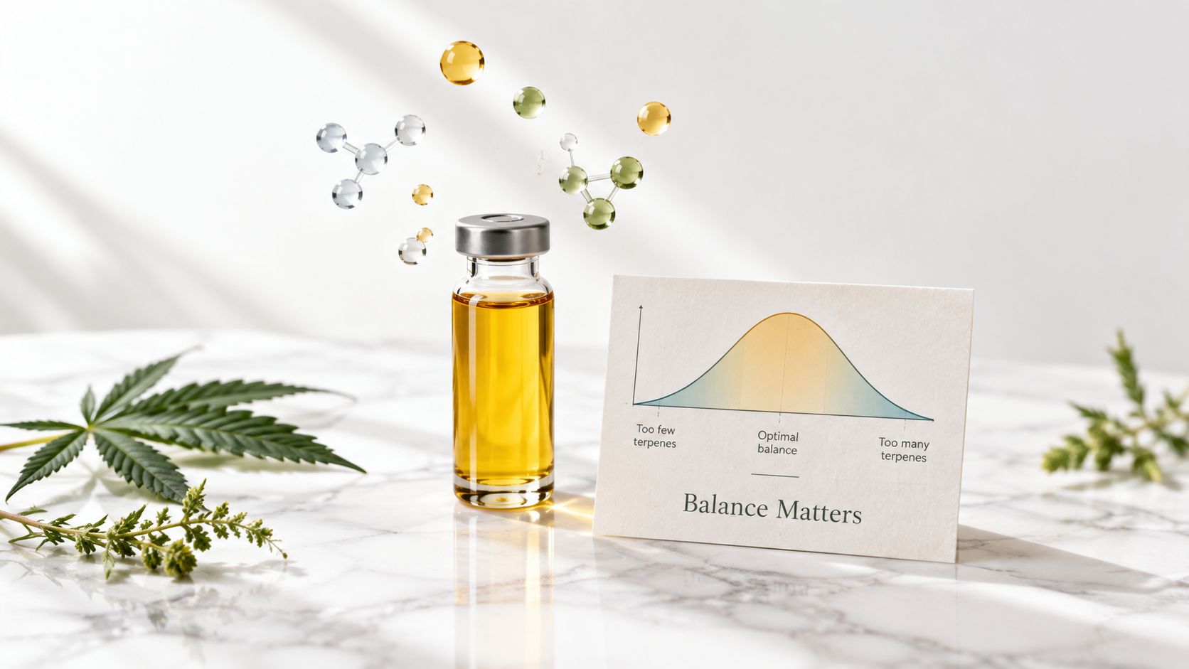 A glass vial of gold cannabis extract with floating molecules, a balance graph, and hemp leaves.