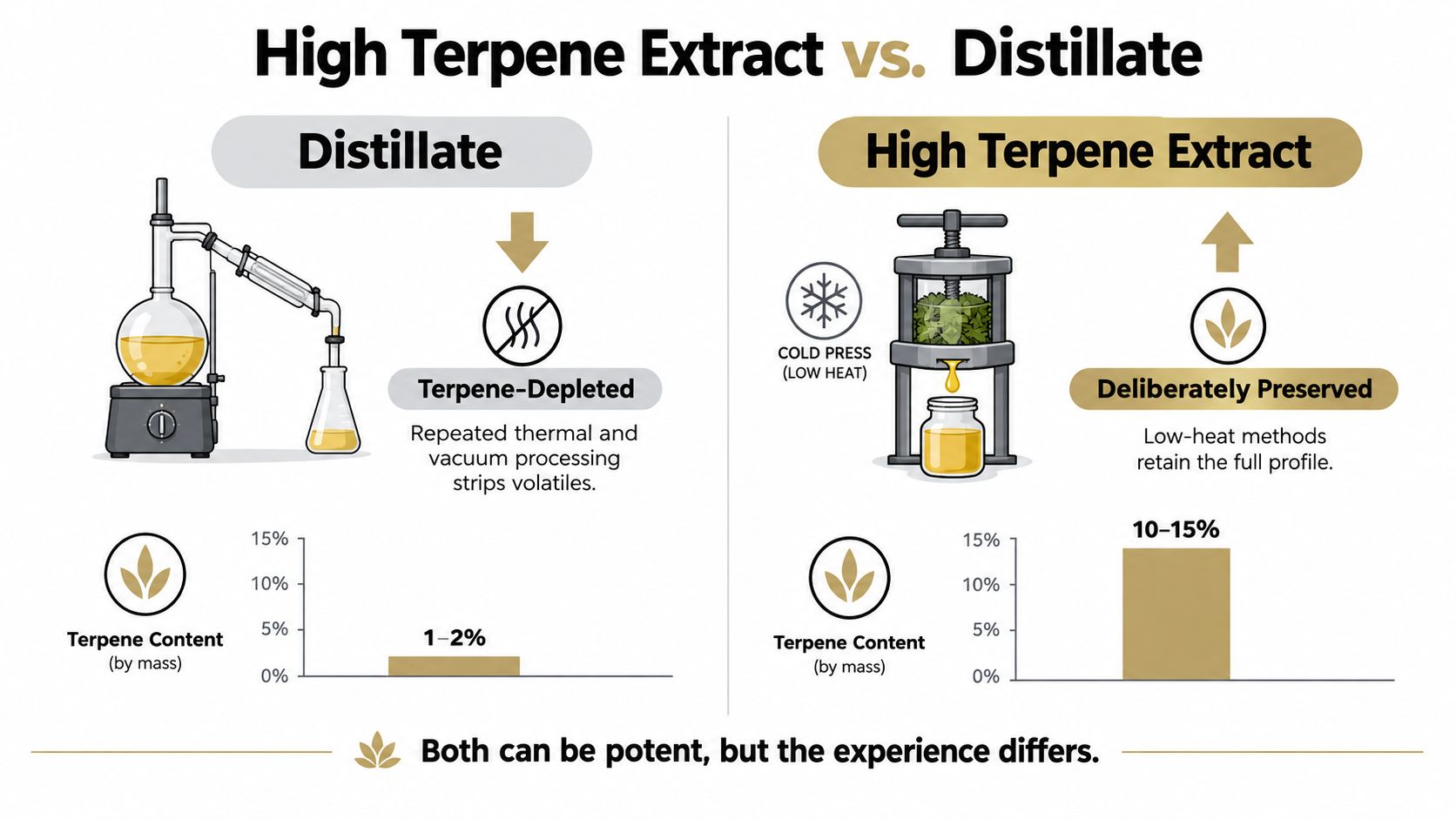 A comparison chart showing how distillation strips terpenes while cold pressing preserves them in extracts.