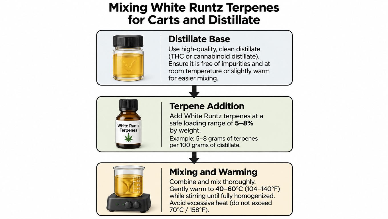 An infographic showing the three-step process for mixing White Runtz terpenes with cannabis distillate for cartridges.