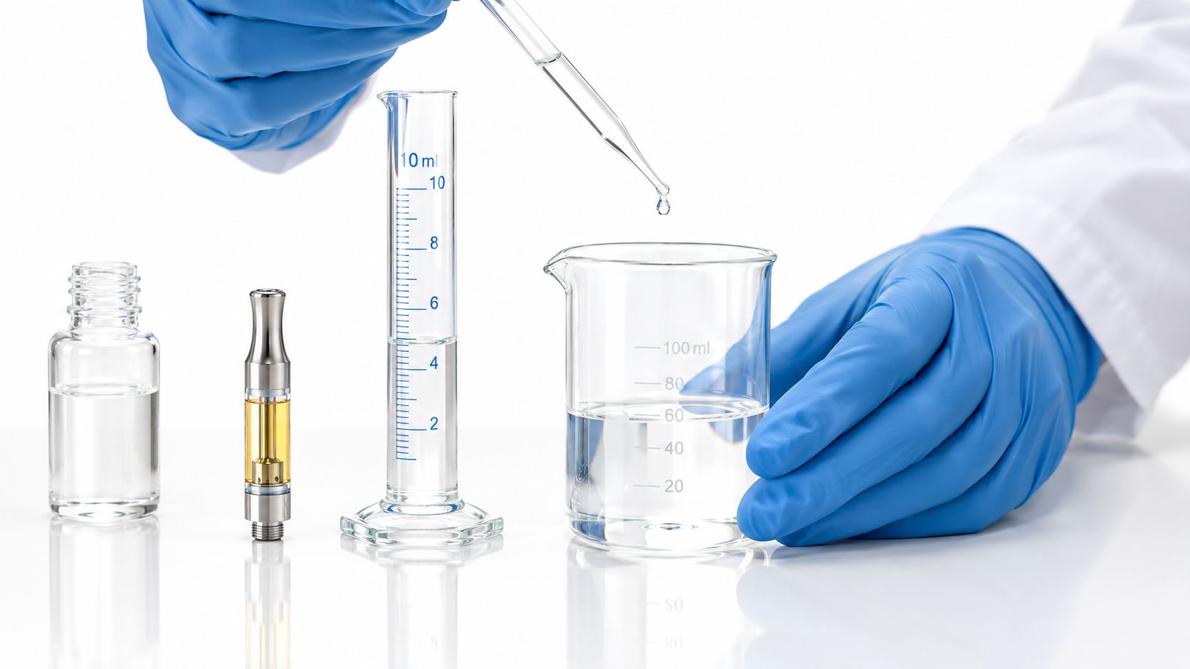 A lab technician in blue gloves using a pipette to add liquid to a glass beaker.